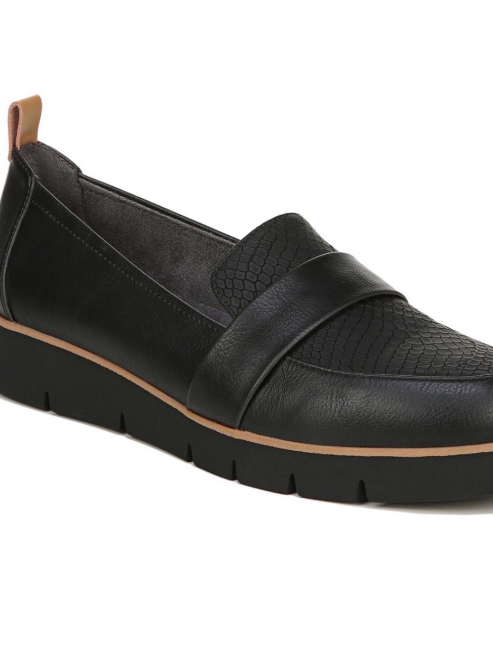 Dr. Scholl's Black Textured Vamp Slip-On Loafer with Tan Trim